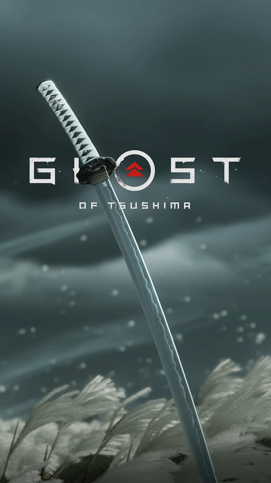 Ghost of Tsushima katana standing in snow-covered pampas grass under a dark winter sky HD phone wallpaper