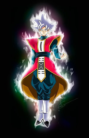 Goku in Omni King Attire with Super Saiyan Aura and Dragon Ball Super Manga Art Style HD phone wallpaper