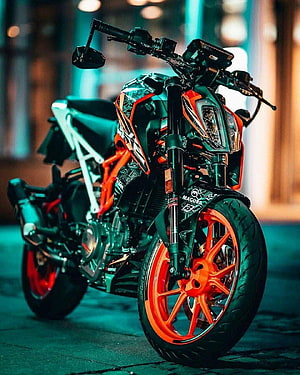 KTM Duke 390 Custom Motorcycle with Orange Wheels and Black Bodywork HD phone wallpaper