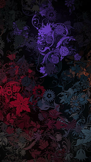 Dark Floral Pattern with Purple and Red Accents on Black Background HD phone wallpaper