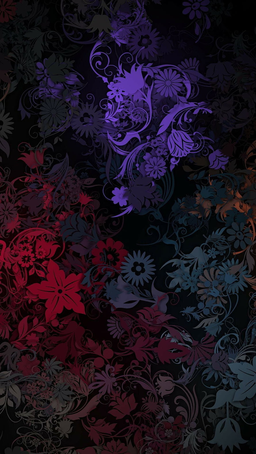 Dark Floral Pattern with Purple and Red Accents on Black Background HD phone wallpaper