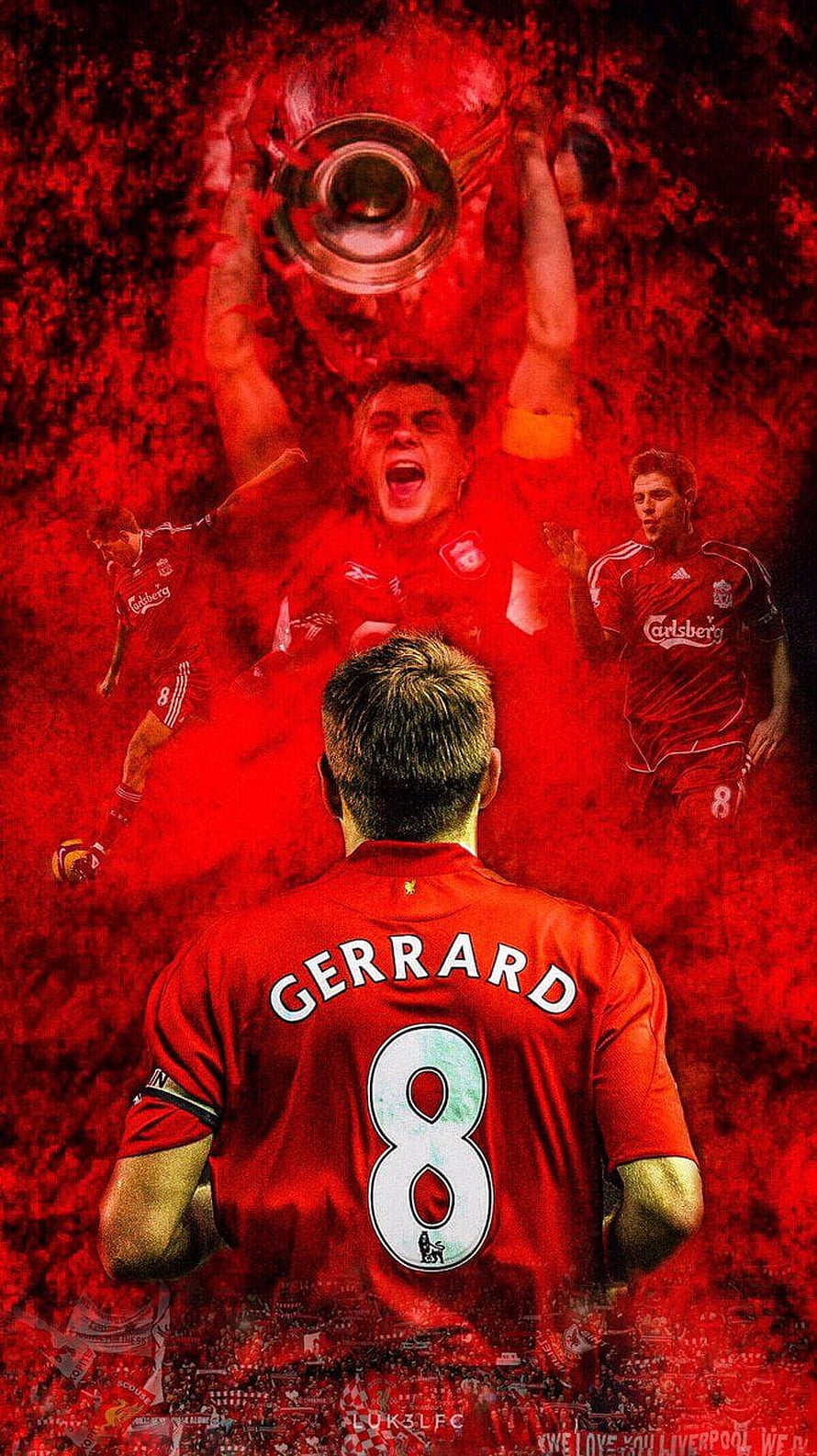 Steven Gerrard Liverpool FC Number 8 Jersey Tribute with Trophy Lift and Carlsberg Kit HD phone wallpaper