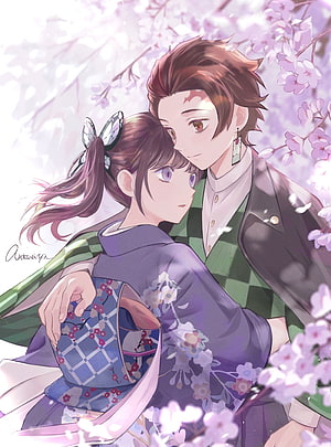 Tanjiro and Kanao Embrace Under Cherry Blossoms in Demon Slayer Anime Art HD phone wallpaper