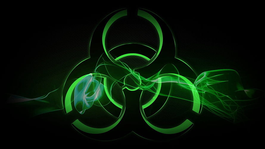 Glowing Green Biohazard Symbol with Abstract Smoke on Black Background HD wallpaper