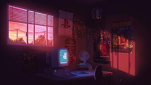 Retro 90s Bedroom Interior with CRT Monitor and Sunset Window HD wallpaper