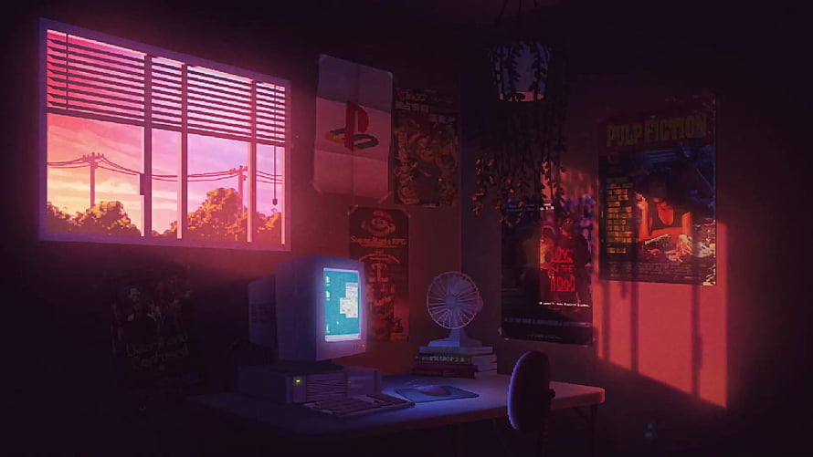 Retro 90s Bedroom Interior with CRT Monitor and Sunset Window HD wallpaper