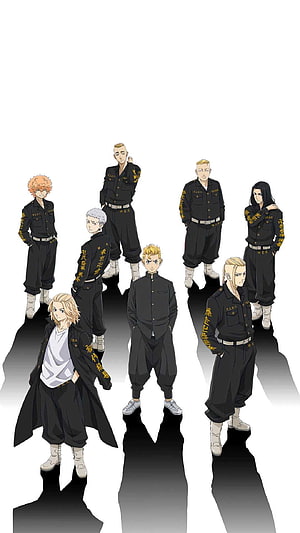 Tokyo Revengers Manji Gang Members in Black Uniforms with Gold Kanji HD phone wallpaper
