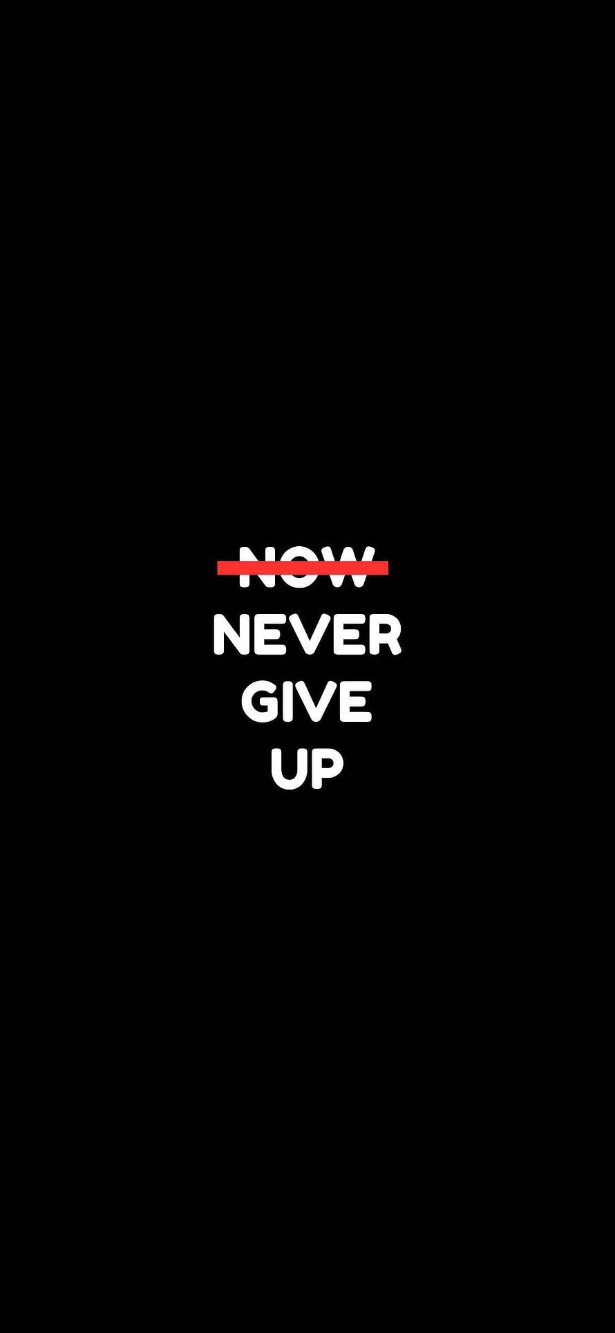 Minimalist Black Background with Bold White Text Reading Never Give Up and Red Strikethrough on Now HD phone wallpaper