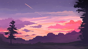 Dreamy Twilight Landscape with Silhouetted Trees and Shooting Star HD wallpaper
