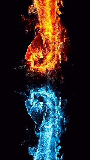 Red and Blue Flame Hands Clashing on Black Background HD phone wallpaper