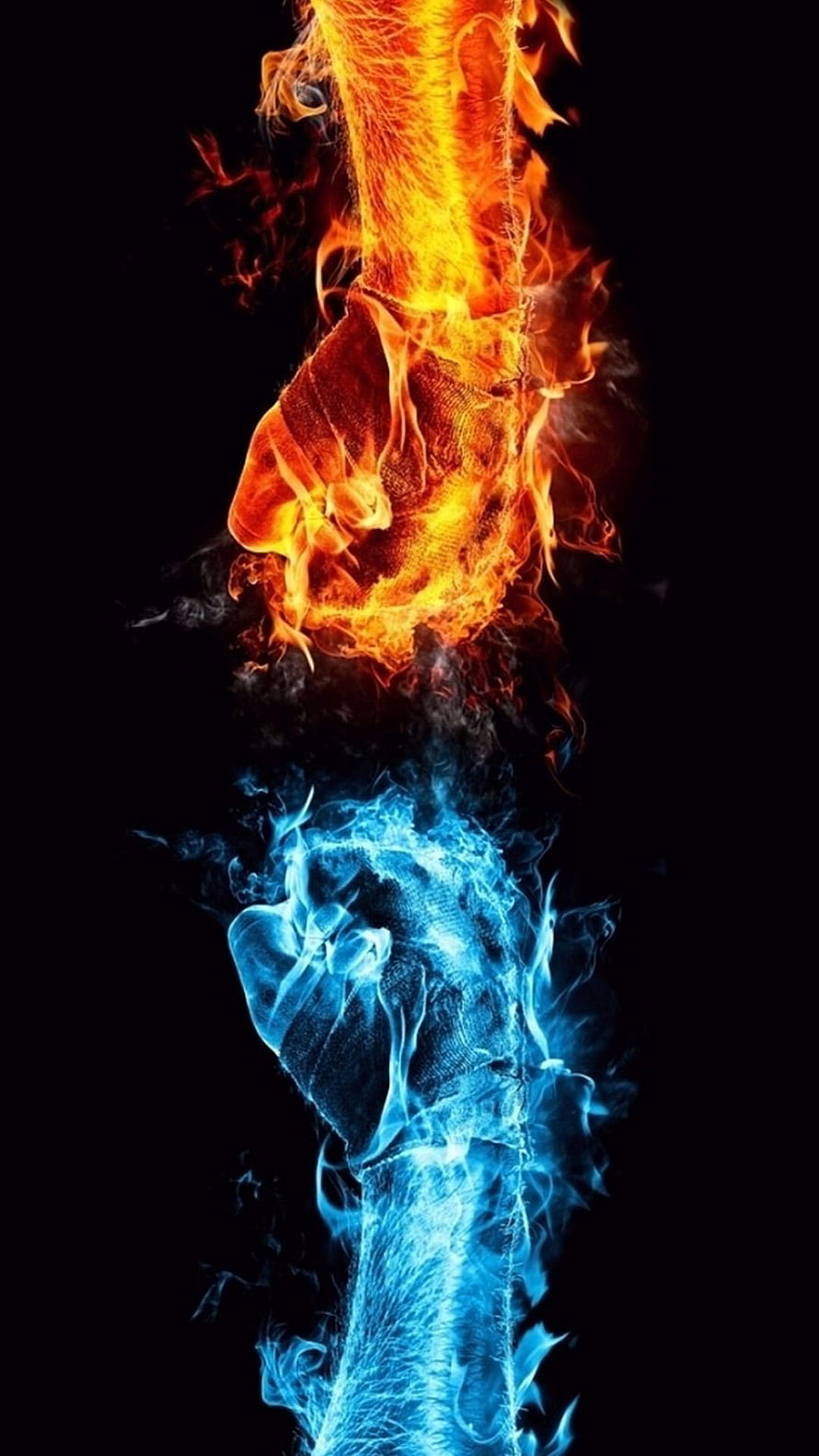 Red and Blue Flame Hands Clashing on Black Background HD phone wallpaper