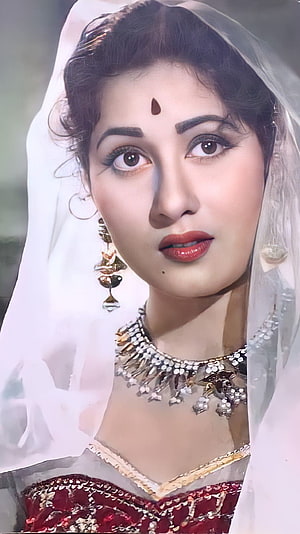 Madhubala vintage Bollywood portrait in traditional bridal attire with ornate jewelry and white veil HD phone wallpaper