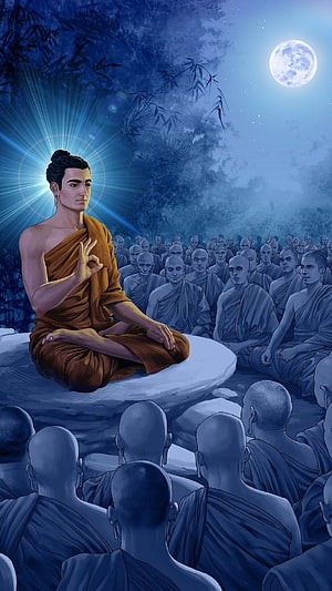 Lord Buddha Teaching Monks Under a Full Moon in a Serene Bamboo Grove HD phone wallpaper