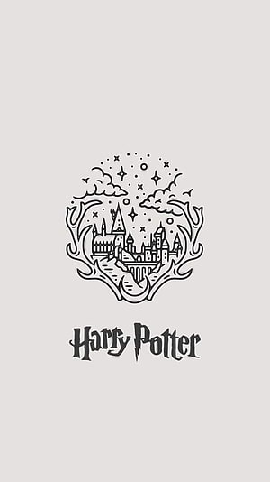 Harry Potter Hogwarts Castle Line Art with Stars and Clouds on Light Background HD phone wallpaper