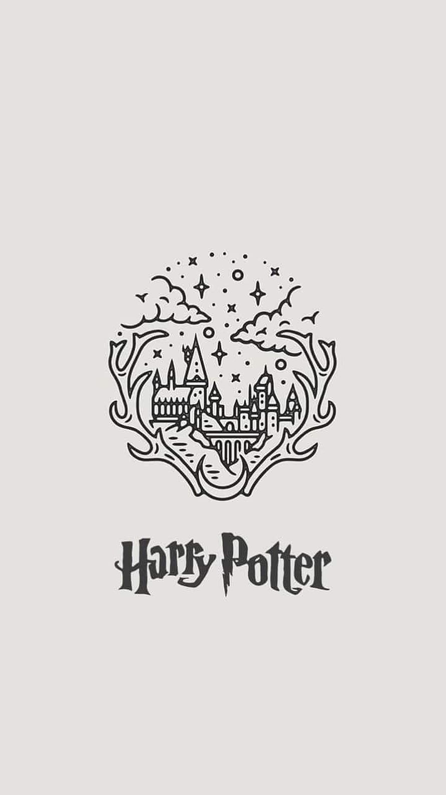 Harry Potter Hogwarts Castle Line Art with Stars and Clouds on Light Background HD phone wallpaper