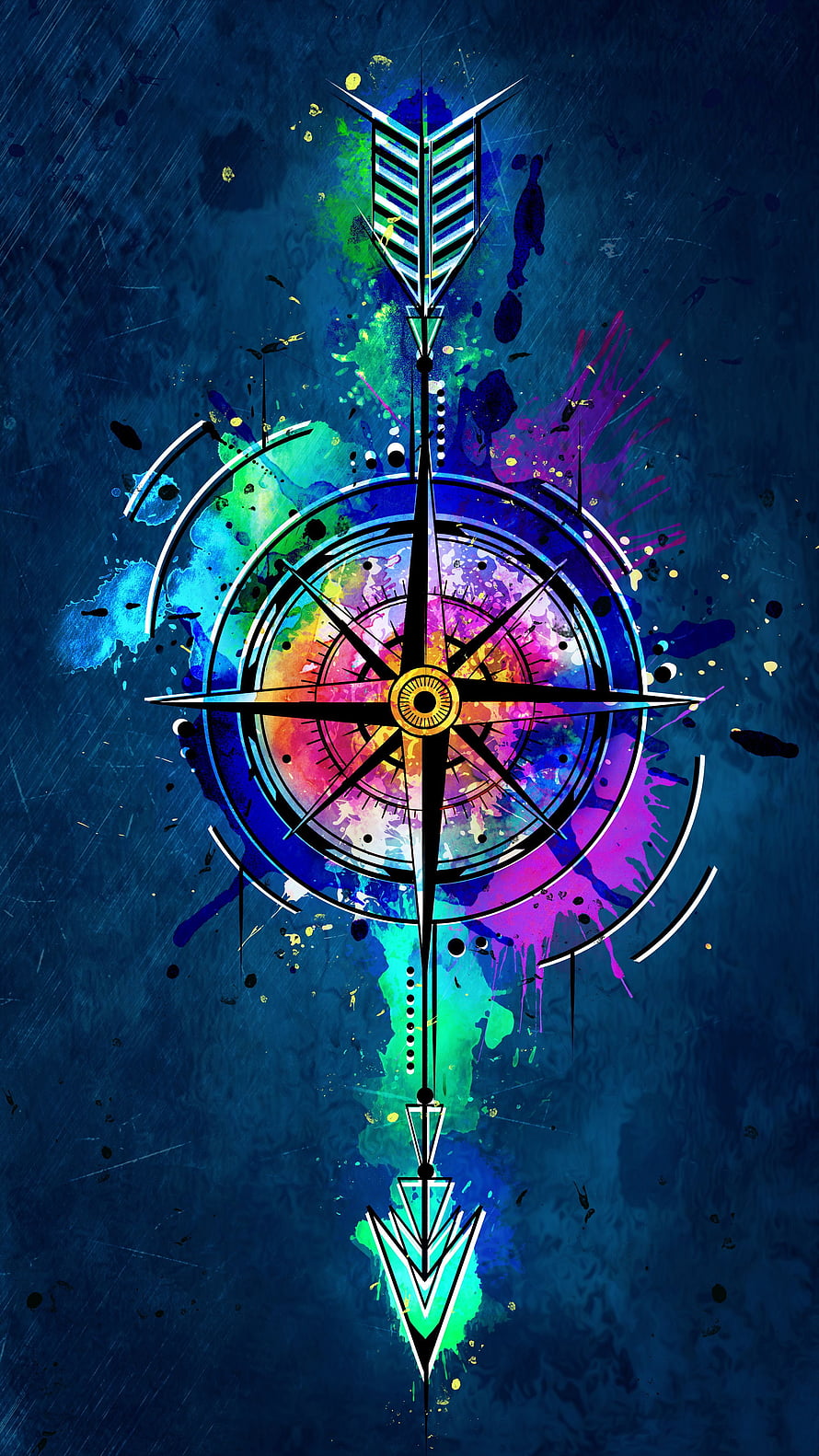 Vibrant Graffiti Compass Arrow Artwork with Neon Splatter on Dark Blue Background HD phone wallpaper