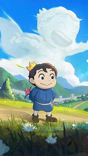 Bojji from Ranking of Kings standing in a sunny meadow with a giant smiling cloud face overhead HD phone wallpaper