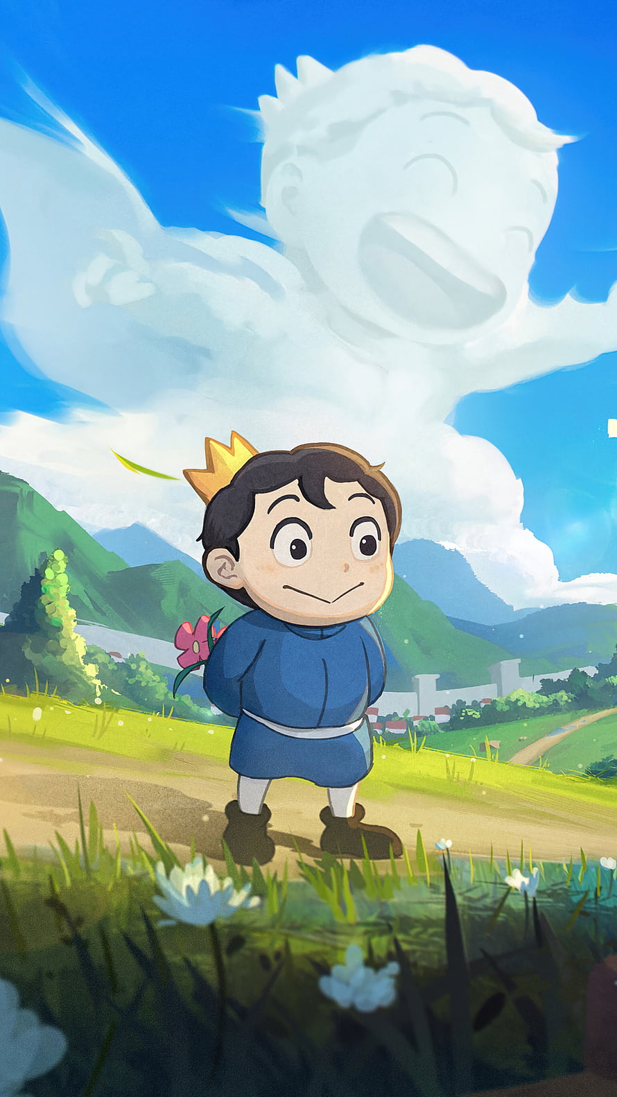 Bojji from Ranking of Kings standing in a sunny meadow with a giant smiling cloud face overhead HD phone wallpaper