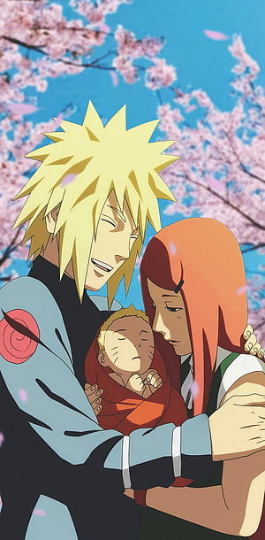 Minato and Kushina Holding Baby Naruto Under Cherry Blossoms in Naruto Anime HD phone wallpaper