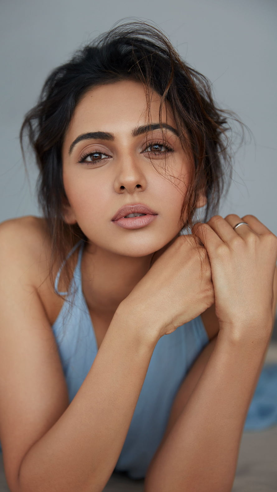 Rakul Preet Singh Portrait in Soft Blue Top with Messy Hair HD phone wallpaper