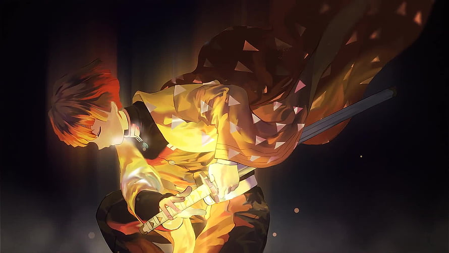 Zenitsu Agatsuma in Dynamic Thunder Breathing Pose with Glowing Katana HD wallpaper