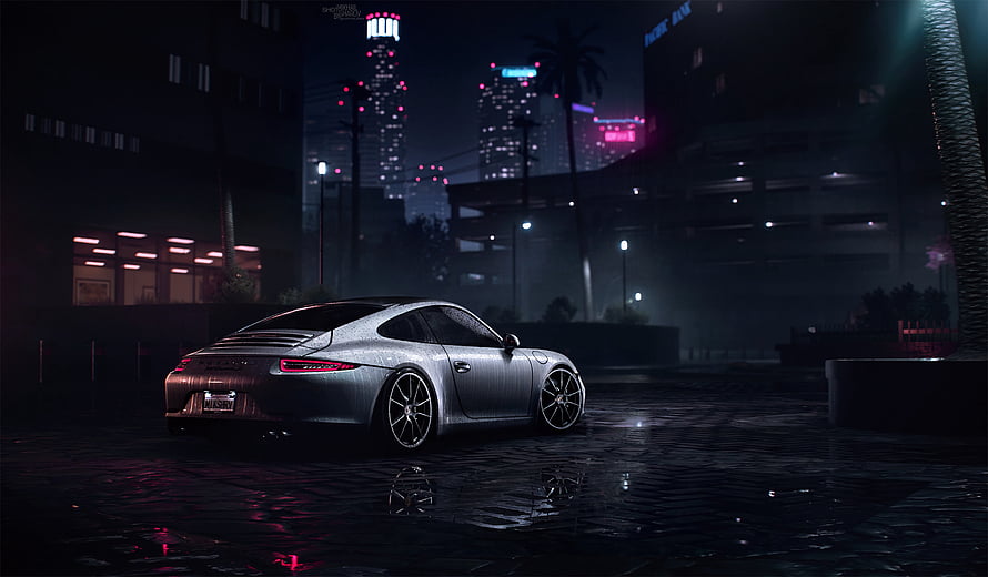 Silver Porsche 911 Carrera S parked on wet cobblestones in a neon-lit city at night HD wallpaper