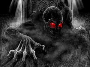 Grim Reaper Skull with Glowing Red Eyes in Dark Fantasy Digital Art HD wallpaper