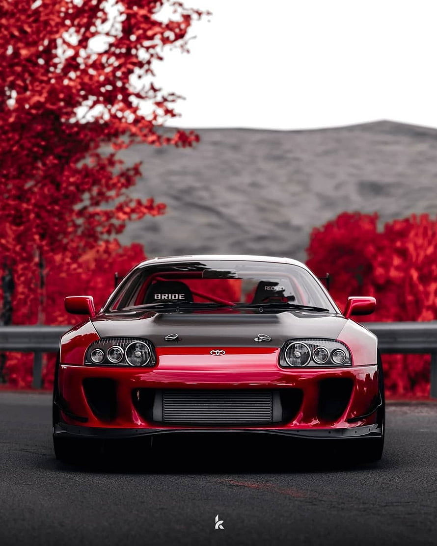Red Toyota Supra MK4 JDM Drift Car Front View on Autumn Road HD phone wallpaper