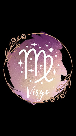 Elegant Virgo Zodiac Sign with Gold Botanical Frame and Purple Watercolor Background HD phone wallpaper