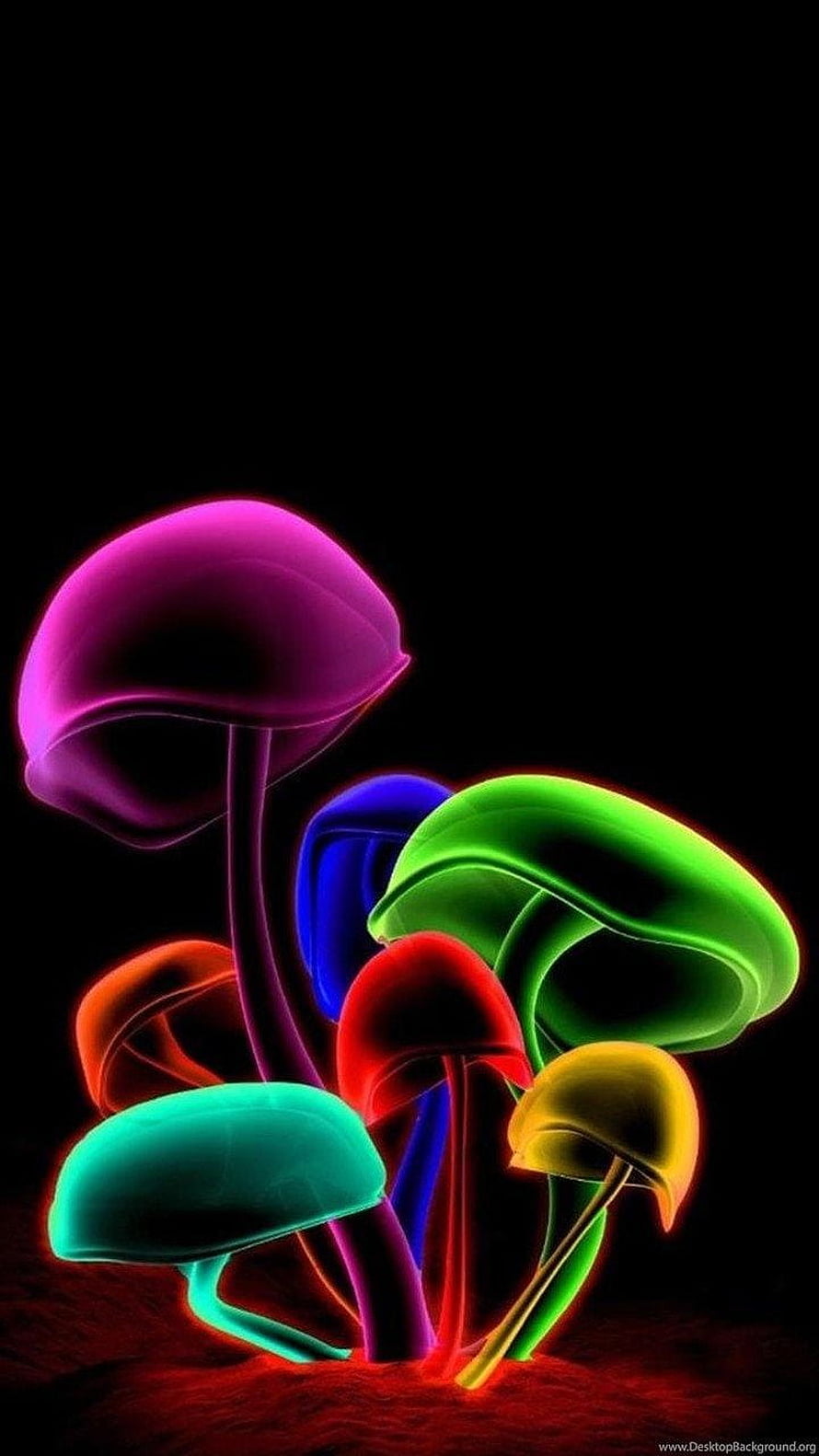 Vibrant Neon Mushroom Cluster Glowing in Dark Abstract 3D Render HD phone wallpaper