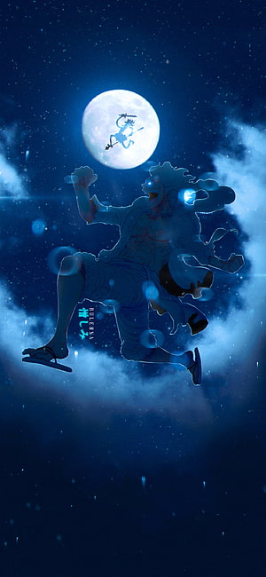 Luffy Gear 5 Silhouette Leaping Through Starry Night Sky With Full Moon HD phone wallpaper