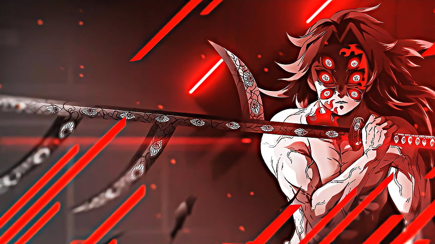 Kokushibo Demon Slayer Anime Character with Red Eyes and Ornate Sword HD wallpaper