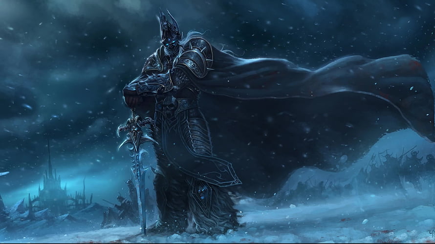Lich King from World of Warcraft Standing in a Frozen Battlefield HD wallpaper