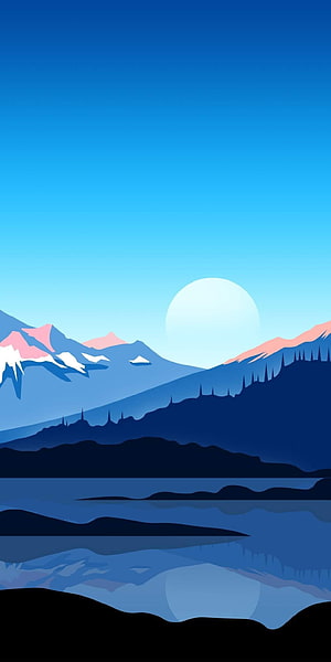 Minimalist Blue Mountain Landscape with Snowy Peaks and Lake Reflection HD phone wallpaper
