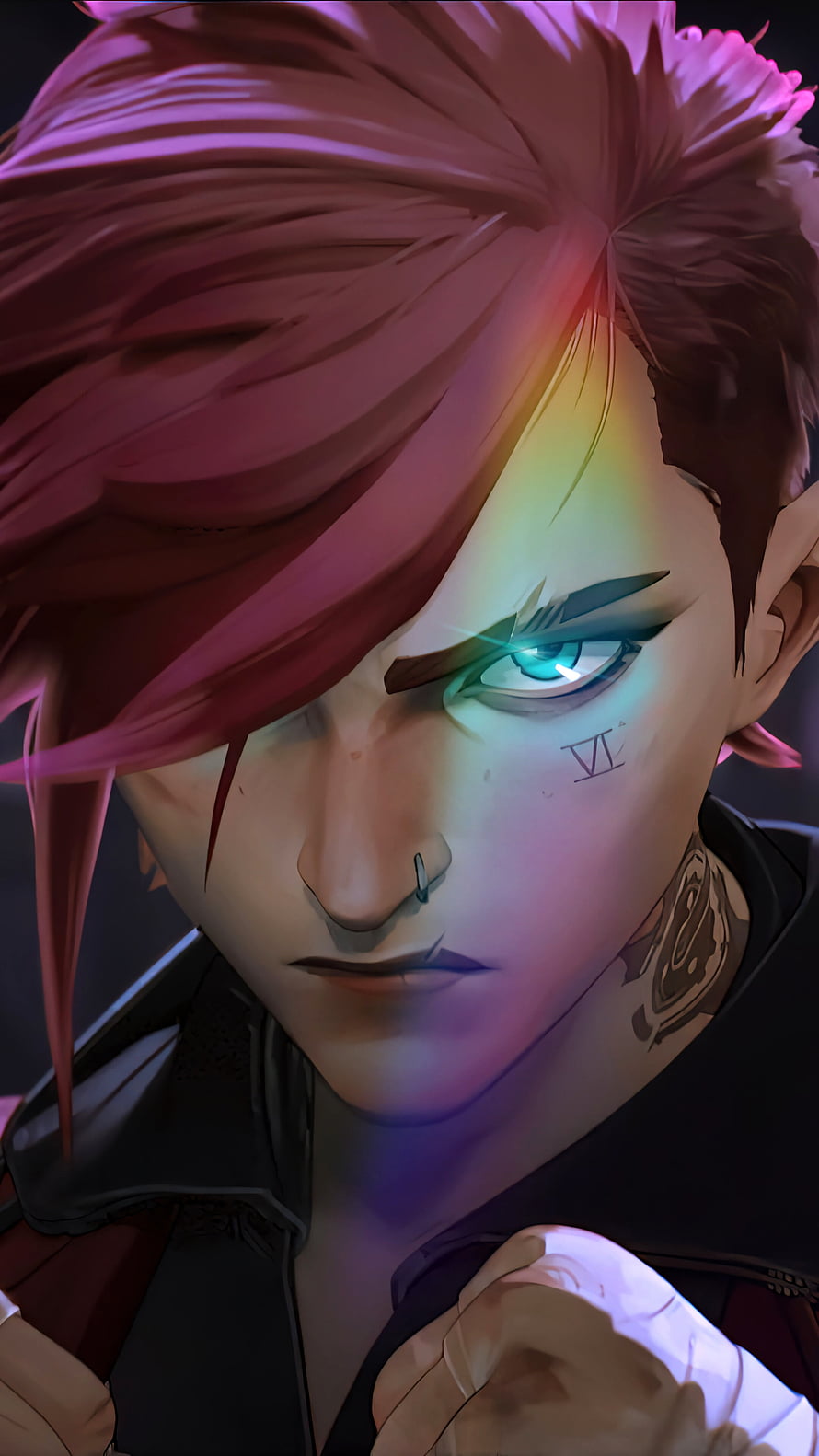 Vi from Arcane League of Legends Close-Up Portrait with Rainbow Light HD phone wallpaper