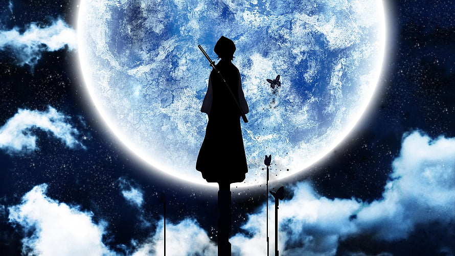 Silhouette of a samurai warrior standing before a massive full moon in a starry night sky HD wallpaper