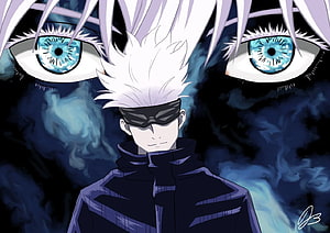 Satoru Gojo from Jujutsu Kaisen with glowing blue eyes and dark smoke background HD wallpaper
