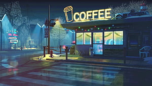 Neon-Lit Coffee Shop at Night in a Snowy Animated Town HD wallpaper