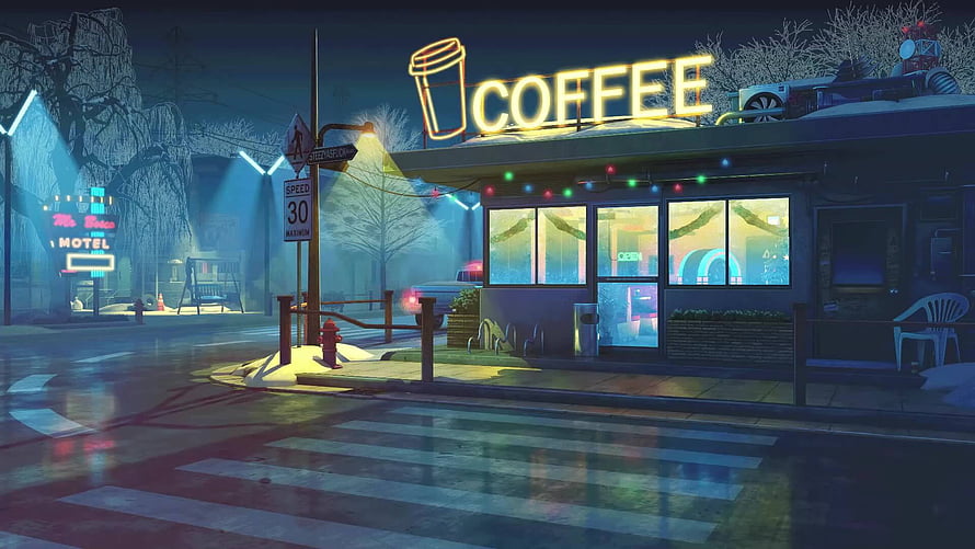 Neon-Lit Coffee Shop at Night in a Snowy Animated Town HD wallpaper