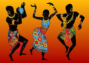 African Dance Silhouettes in Vibrant Traditional Attire Against Warm Gradient Background HD wallpaper