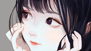 Close-up digital illustration of a cute anime girl with dark hair and expressive purple eyes HD wallpaper