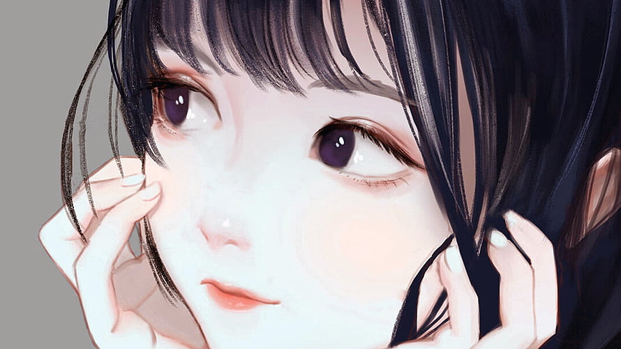 Close-up digital illustration of a cute anime girl with dark hair and expressive purple eyes HD wallpaper