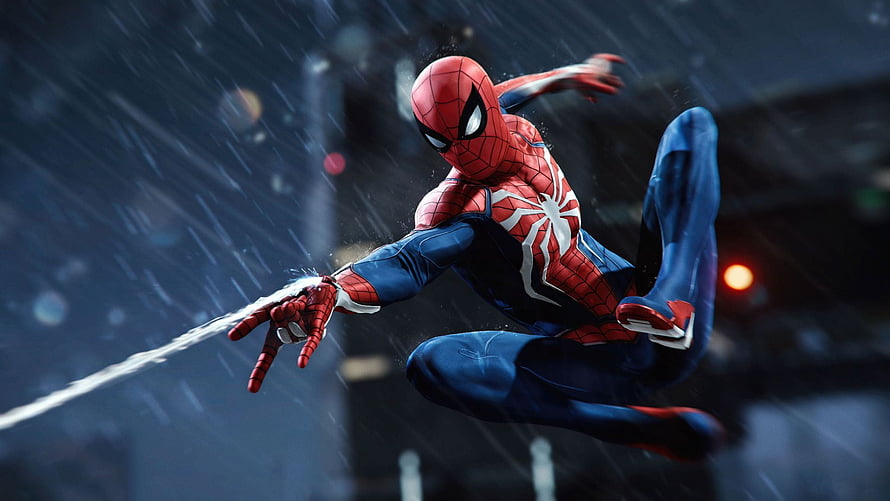 Spider-Man Swinging Through Rainy Cityscape in Dynamic Action Pose HD wallpaper