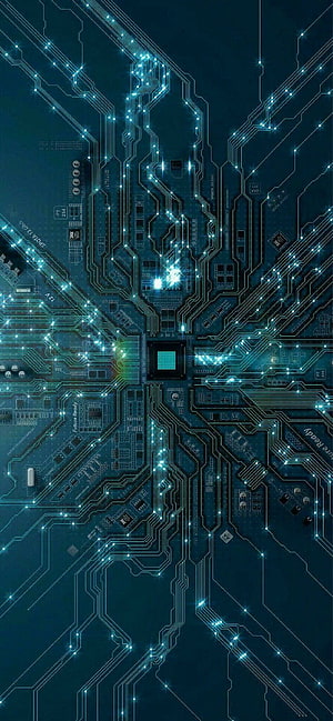 Glowing Circuit Board with Central Processor and Blue Light Trails HD phone wallpaper