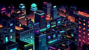 Isometric Neon Cyberpunk Cityscape with Glowing Signs and Dark Sky HD wallpaper