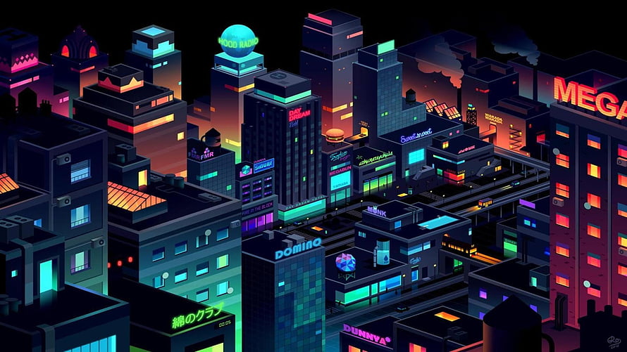 Isometric Neon Cyberpunk Cityscape with Glowing Signs and Dark Sky HD wallpaper