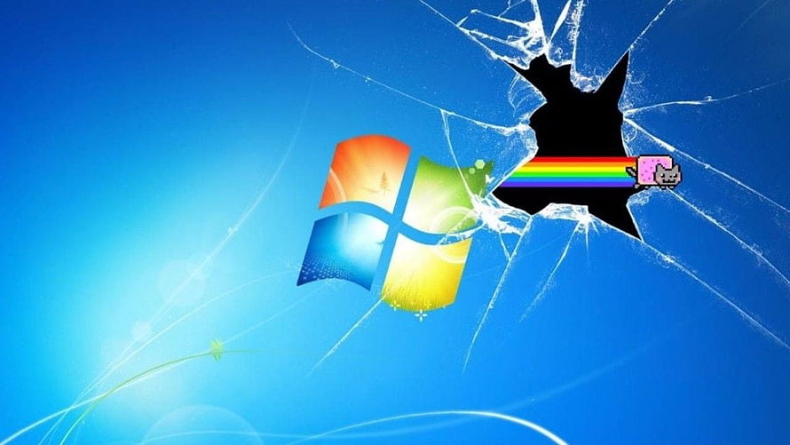 Windows 7 Desktop with Nyan Cat Shattering the Screen in a Cracked Glass Meme HD wallpaper