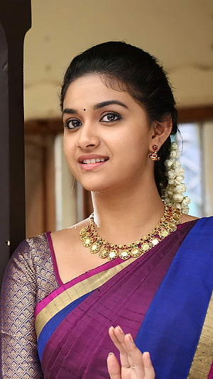 Keerthi Suresh in Traditional Purple and Blue Saree with Gold Jewelry HD phone wallpaper