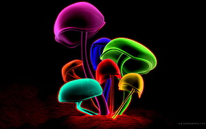 Neon Glowing 3D Mushrooms in Vibrant Colors on Black Background HD wallpaper