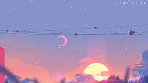 Argotheon Dreamy Sunset Skyline with Crescent Moon and Pastel Clouds HD wallpaper